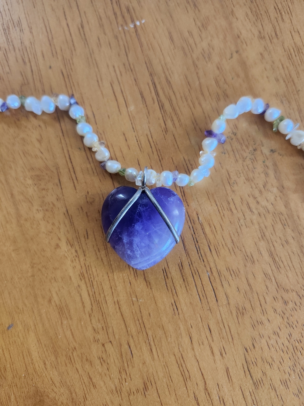 Handmade Amethyst Heart Pendant Necklace with Multicolour Pearl Bead Chain